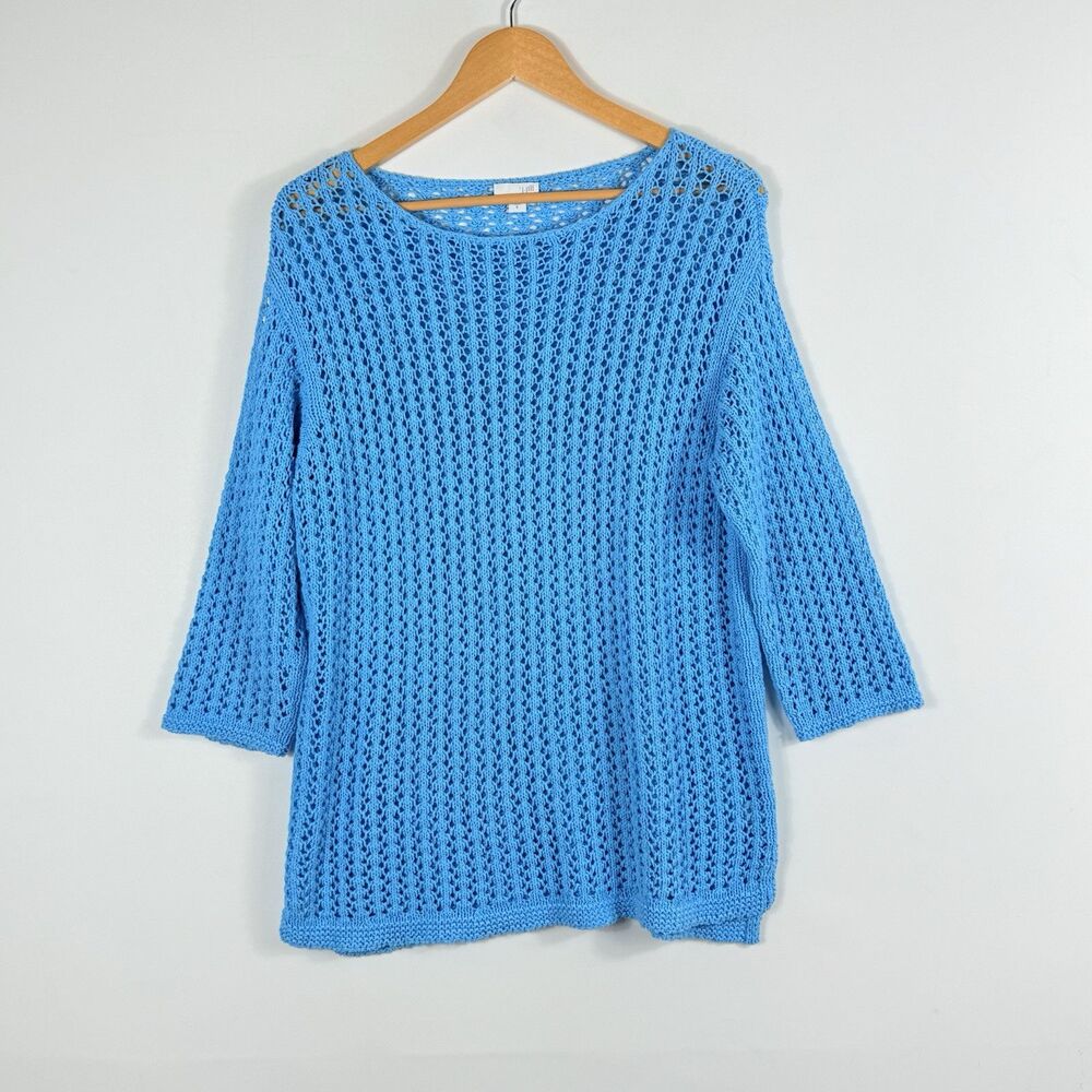 J. Jill Aqua Blue Open Knit Crochet Loose Fit‎ 3/4 Sleeve Sweater Women's Small